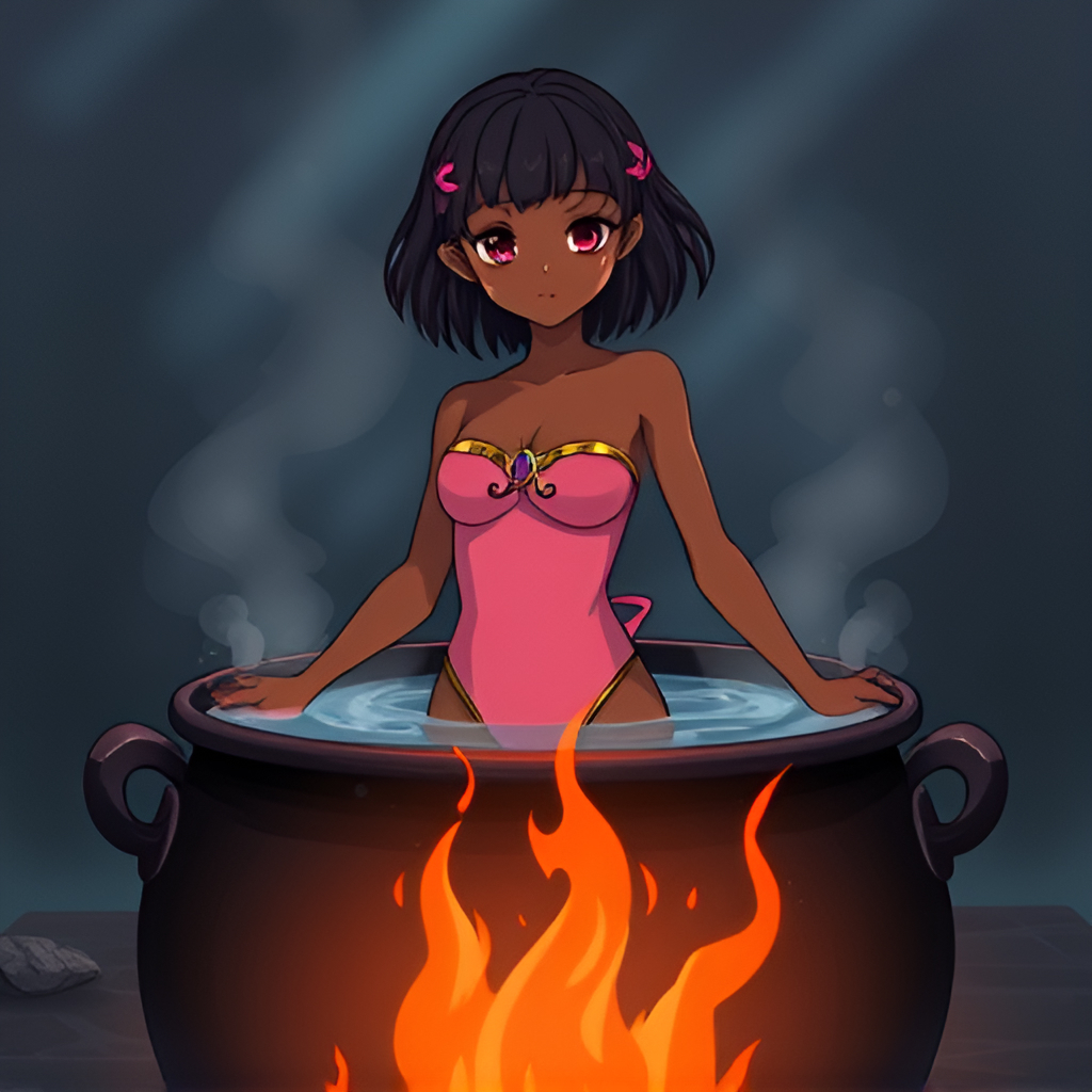 Dark-skinned beauties in cauldrons - Anime, Girls, Bathing, Swimsuit, Boiler, Boiling water, Art, Longpost