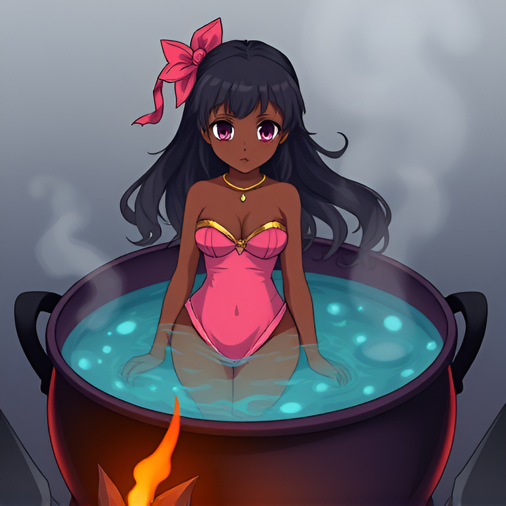 Dark-skinned beauties in cauldrons - Anime, Girls, Bathing, Swimsuit, Boiler, Boiling water, Art, Longpost