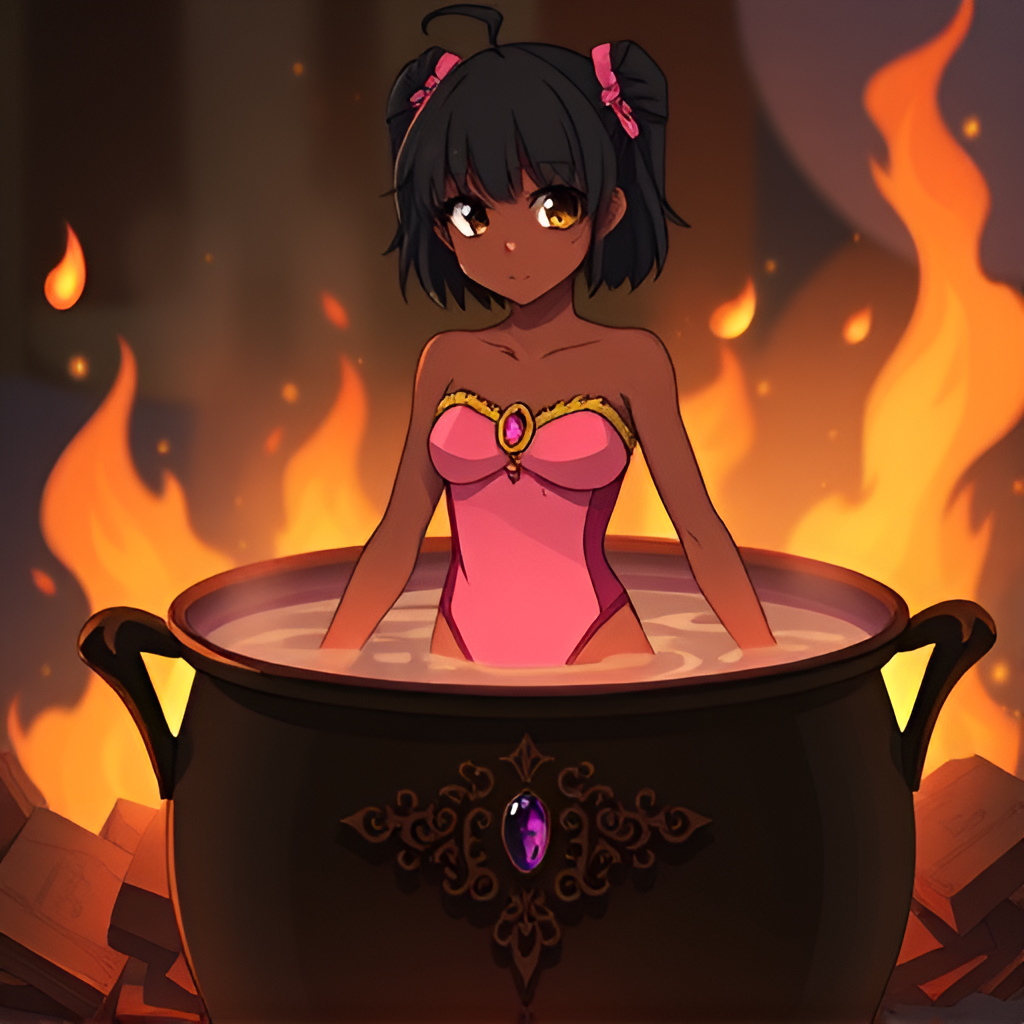 Dark-skinned beauties in cauldrons - Anime, Girls, Bathing, Swimsuit, Boiler, Boiling water, Art, Longpost