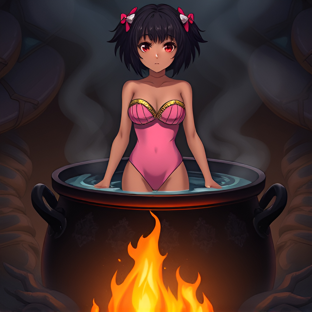 Dark-skinned beauties in cauldrons - Anime, Girls, Bathing, Swimsuit, Boiler, Boiling water, Art, Longpost