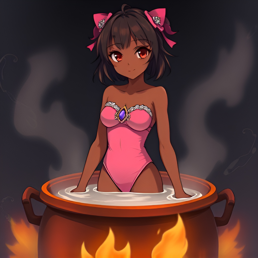 Dark-skinned beauties in cauldrons - Anime, Girls, Bathing, Swimsuit, Boiler, Boiling water, Art, Longpost