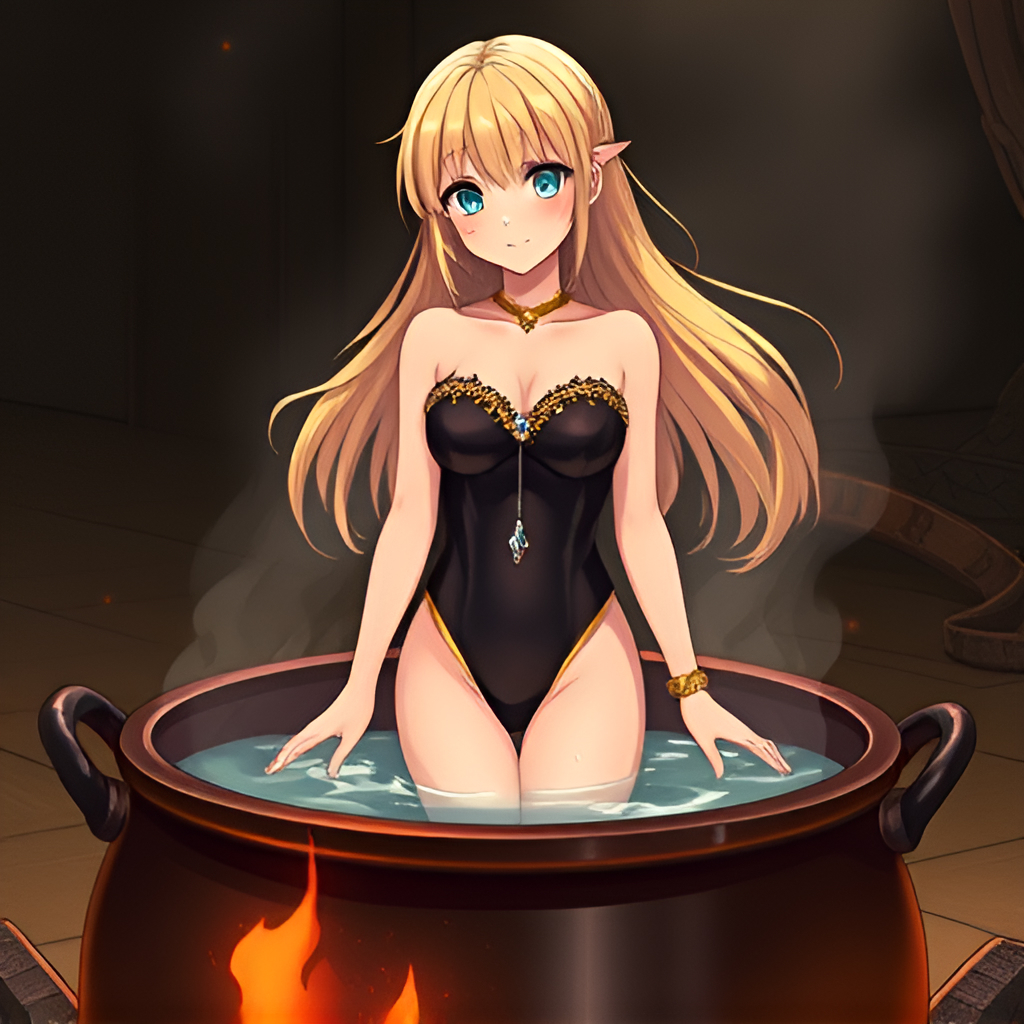 Blondes in cauldrons - Girls, Bathing, Swimsuit, Anime, Blonde, Art, Boiler, Boiling water, Hot water, Fire, Longpost