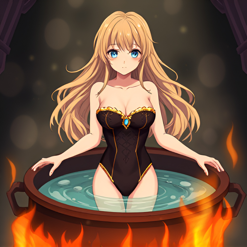 Blondes in cauldrons - Girls, Bathing, Swimsuit, Anime, Blonde, Art, Boiler, Boiling water, Hot water, Fire, Longpost