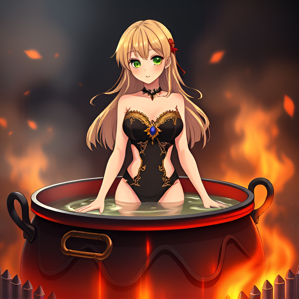 Blondes in cauldrons - Girls, Bathing, Swimsuit, Anime, Blonde, Art, Boiler, Boiling water, Hot water, Fire, Longpost