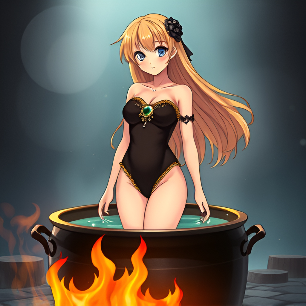 Blondes in cauldrons - Girls, Bathing, Swimsuit, Anime, Blonde, Art, Boiler, Boiling water, Hot water, Fire, Longpost