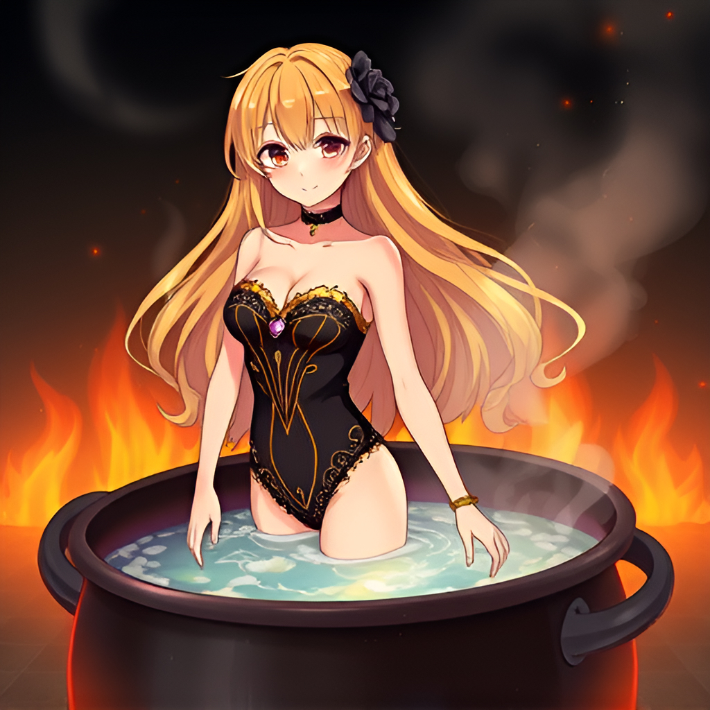 Blondes in cauldrons - Girls, Bathing, Swimsuit, Anime, Blonde, Art, Boiler, Boiling water, Hot water, Fire, Longpost