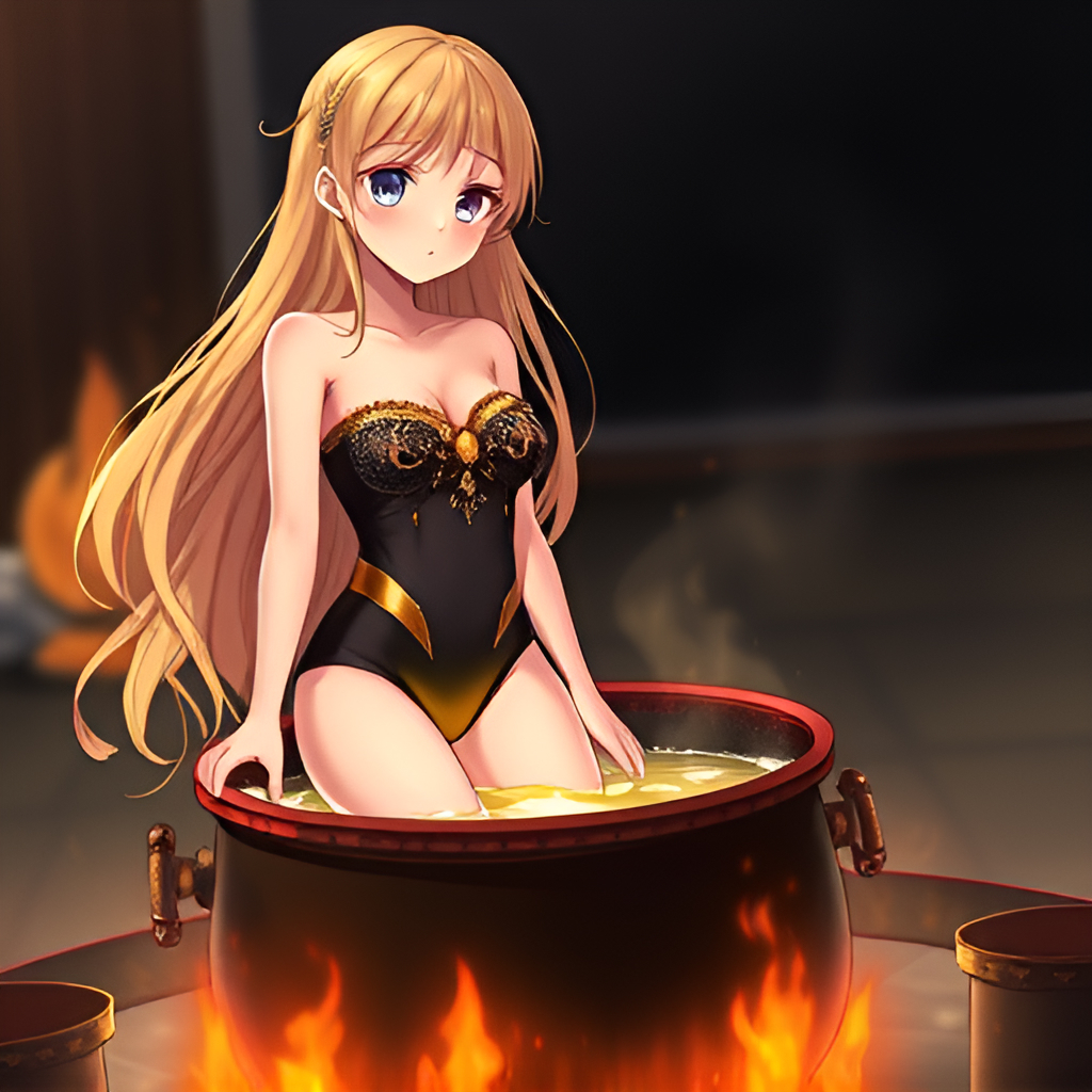 Blondes in cauldrons - Girls, Bathing, Swimsuit, Anime, Blonde, Art, Boiler, Boiling water, Hot water, Fire, Longpost