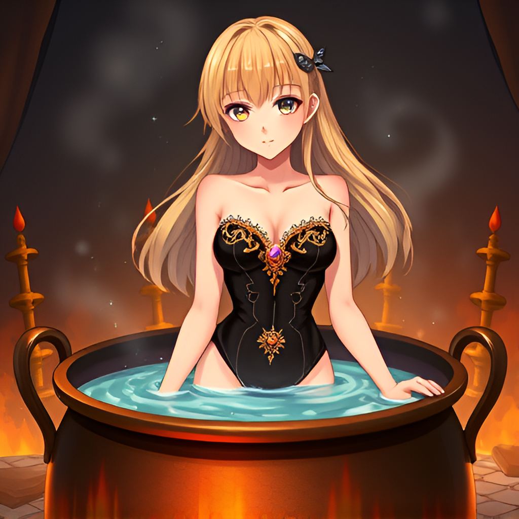 Blondes in cauldrons - Girls, Bathing, Swimsuit, Anime, Blonde, Art, Boiler, Boiling water, Hot water, Fire, Longpost