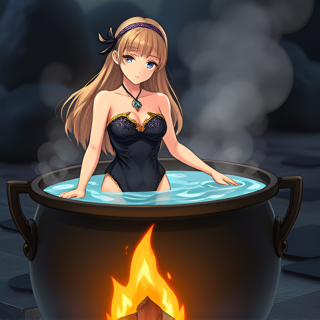 Blondes in cauldrons - Girls, Bathing, Swimsuit, Anime, Blonde, Art, Boiler, Boiling water, Hot water, Fire, Longpost