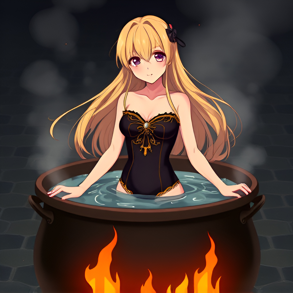 Blondes in cauldrons - Girls, Bathing, Swimsuit, Anime, Blonde, Art, Boiler, Boiling water, Hot water, Fire, Longpost