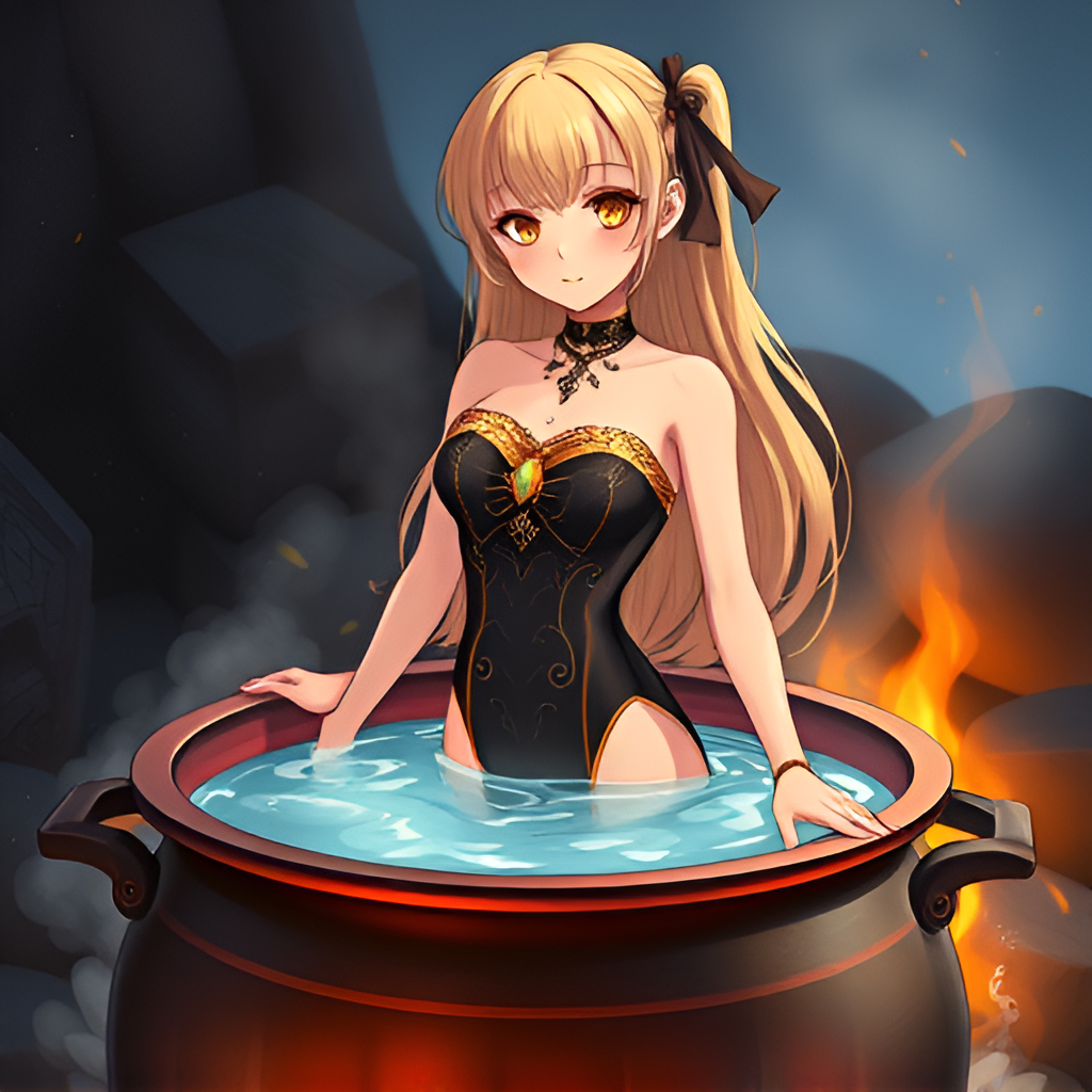 Blondes in cauldrons - Girls, Bathing, Swimsuit, Anime, Blonde, Art, Boiler, Boiling water, Hot water, Fire, Longpost