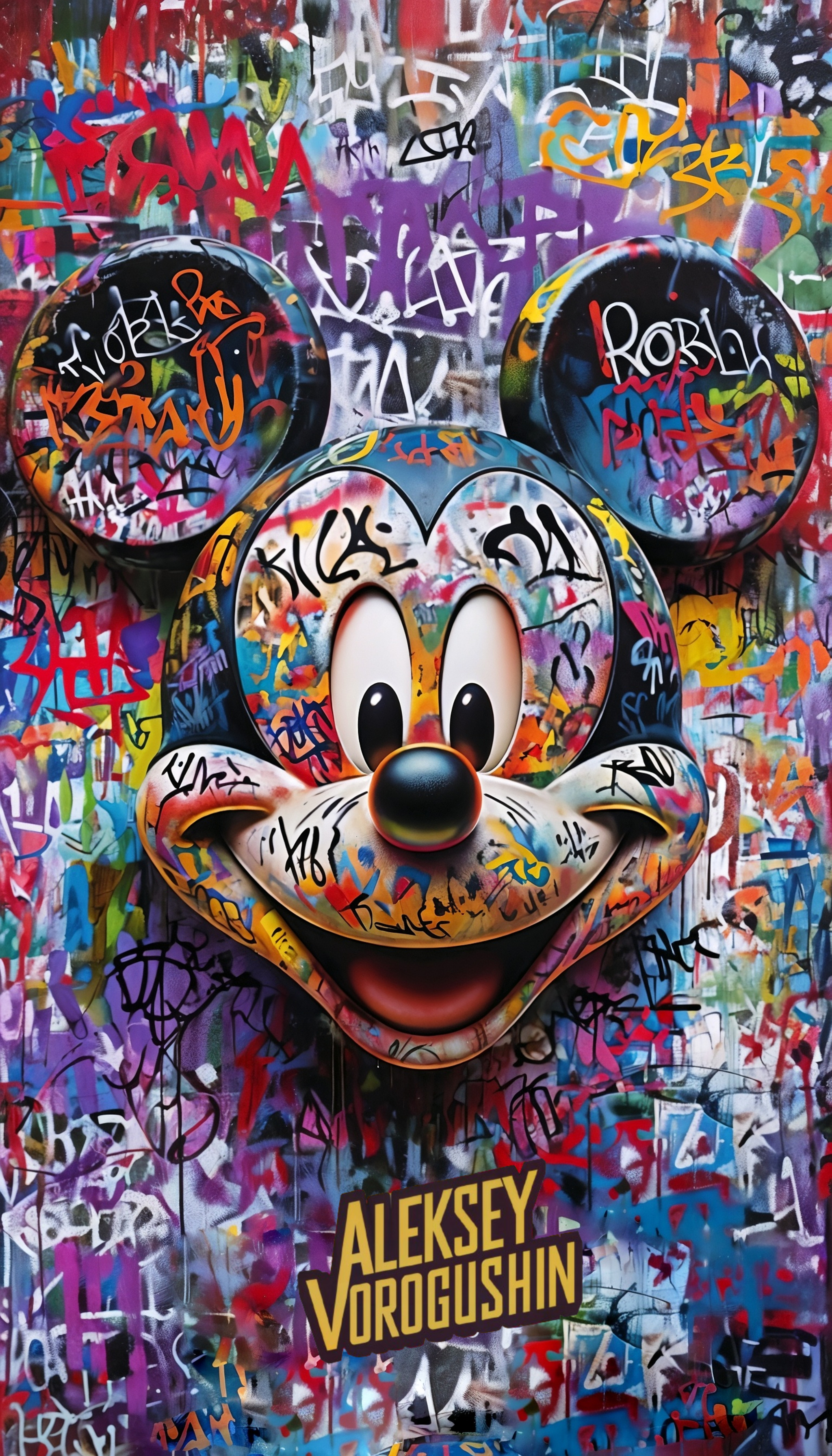 Contemporary artist: Vorogushin Alexey Gennadievich. Bright abstract Mickey Mouse in street art style with elements of surrealism. AI artist - My, Digital, Dall-e, Нейронные сети, Phone wallpaper, Desktop wallpaper, Neural network art, Modern Art, Mickey Mouse, Longpost, Graffiti