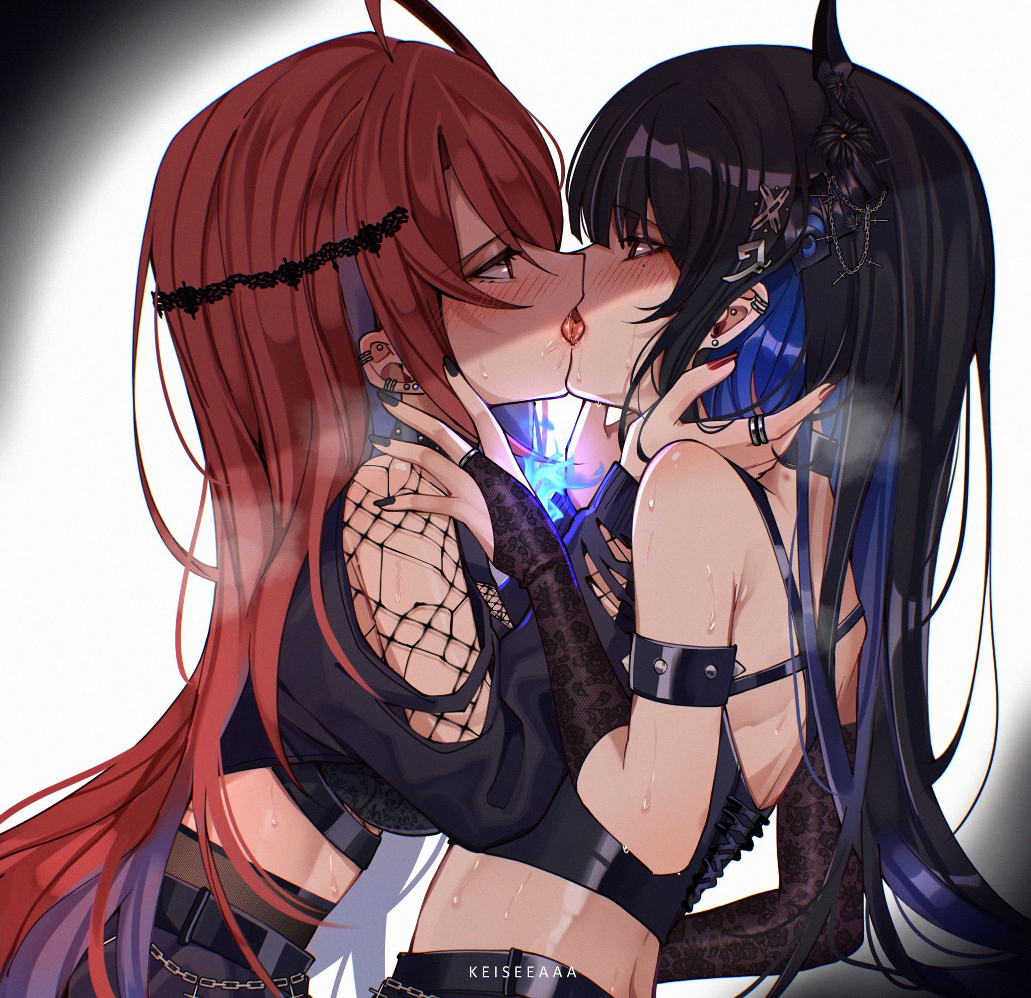 Nerissa & Elizabeth - Anime art, Anime, Friend, Yuri, Hololive, Virtual youtuber, Nerissa Ravencroft, Elizabeth Rose Bloodflame, Kiss, Twitter (link), Longpost