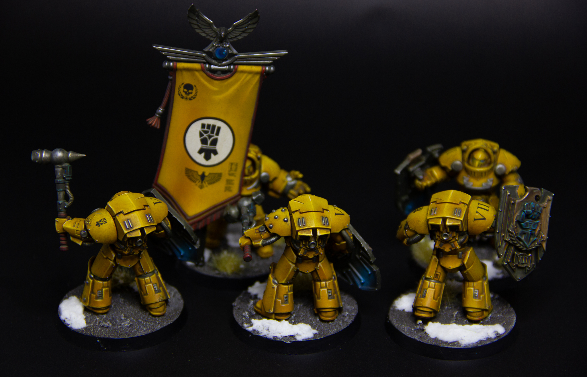 Imperial fists tartaros terminators (with banner) - My, Painting miniatures, Needlework without process, Warhammer, Warhammer 40k, Adeptus Astartes, Wh miniatures, Warhammer 30k, Horus heresy, Imperial fists, Longpost