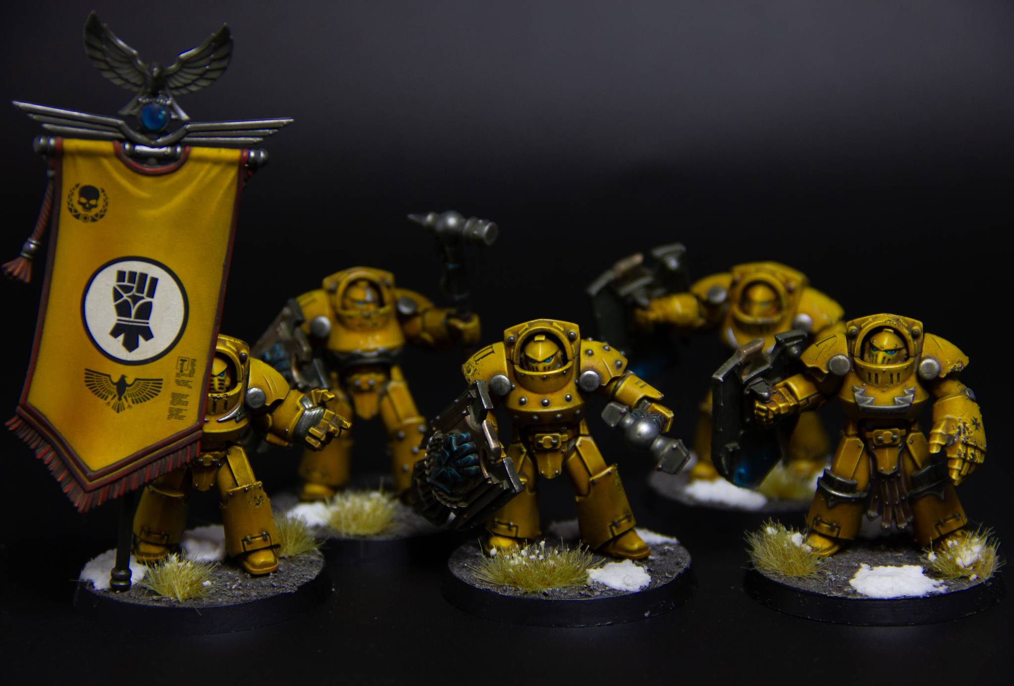 Imperial fists tartaros terminators (with banner) - My, Painting miniatures, Needlework without process, Warhammer, Warhammer 40k, Adeptus Astartes, Wh miniatures, Warhammer 30k, Horus heresy, Imperial fists, Longpost