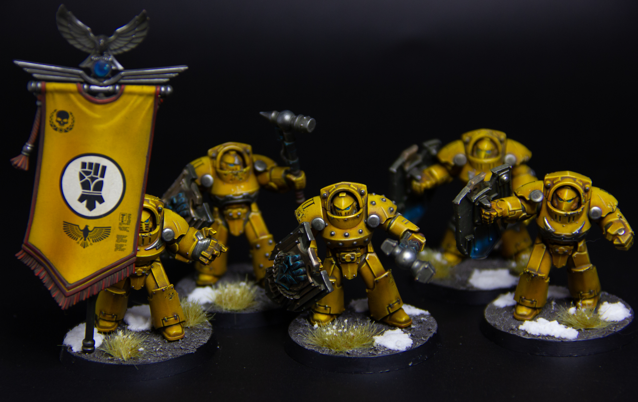 Imperial fists tartaros terminators (with banner) - My, Painting miniatures, Needlework without process, Warhammer, Warhammer 40k, Adeptus Astartes, Wh miniatures, Warhammer 30k, Horus heresy, Imperial fists, Longpost