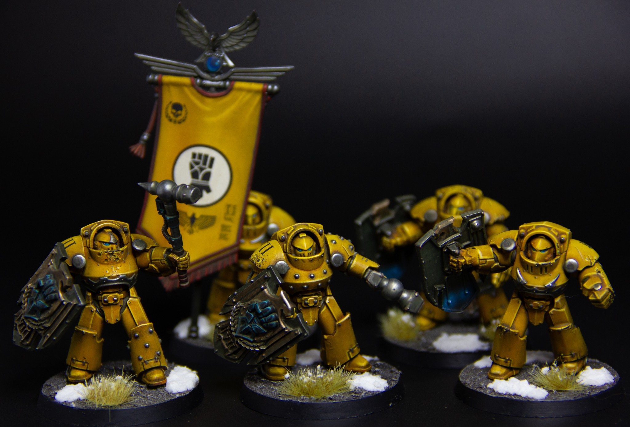 Imperial fists tartaros terminators (with banner) - My, Painting miniatures, Needlework without process, Warhammer, Warhammer 40k, Adeptus Astartes, Wh miniatures, Warhammer 30k, Horus heresy, Imperial fists, Longpost