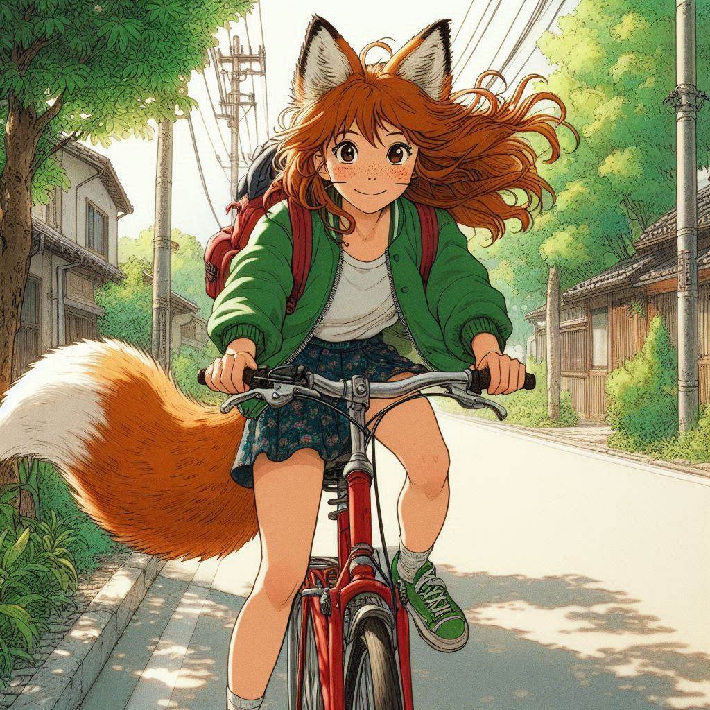 Traveler, e01 - My, Neural network art, Art, Anime art, Нейронные сети, Girls, Anime, Original character, Kitsune, Animal ears, Tail, Redheads, Freckles, Meeting, Fishing, Village, Ginger & White, Longpost