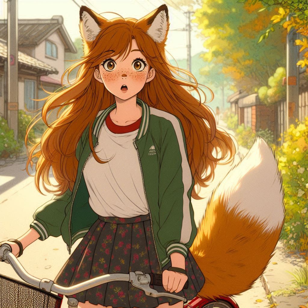 Traveler, e01 - My, Neural network art, Art, Anime art, Нейронные сети, Girls, Anime, Original character, Kitsune, Animal ears, Tail, Redheads, Freckles, Meeting, Fishing, Village, Ginger & White, Longpost