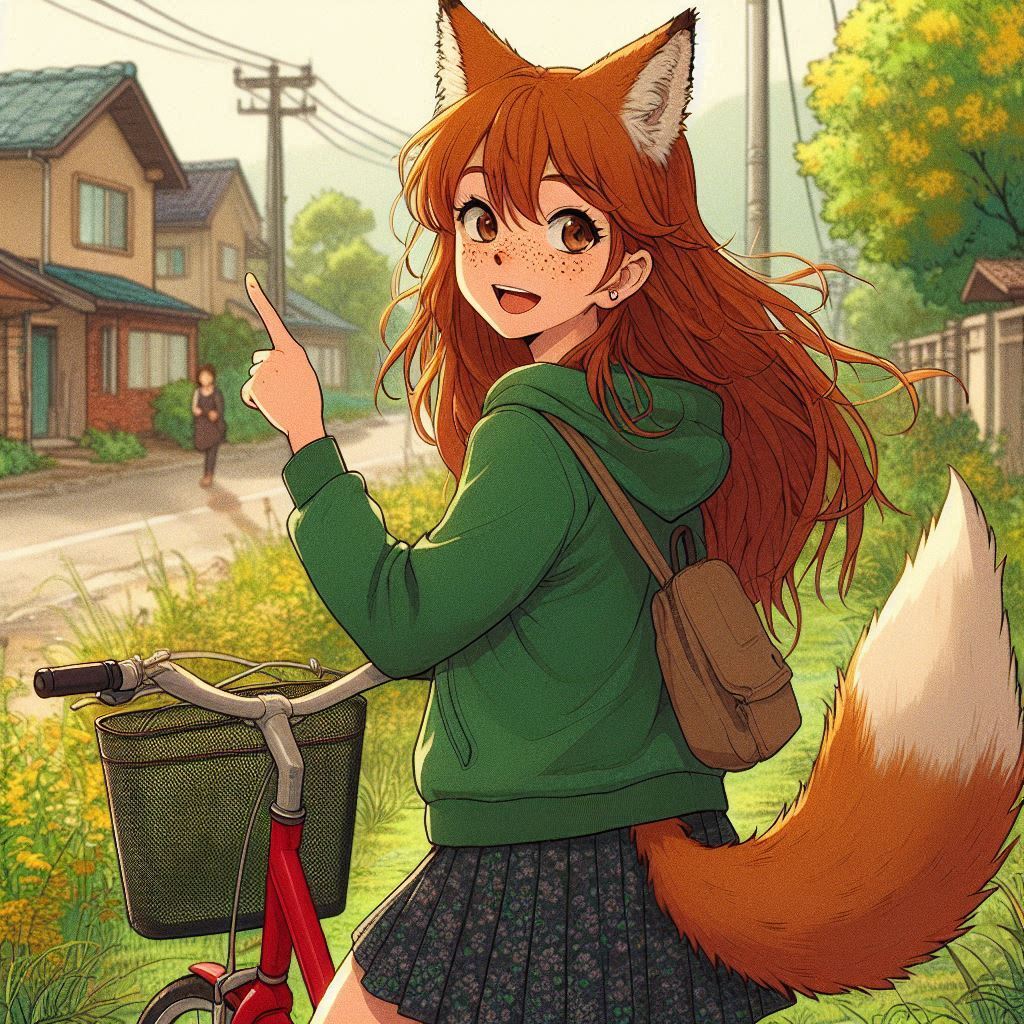 Traveler, e01 - My, Neural network art, Art, Anime art, Нейронные сети, Girls, Anime, Original character, Kitsune, Animal ears, Tail, Redheads, Freckles, Meeting, Fishing, Village, Ginger & White, Longpost