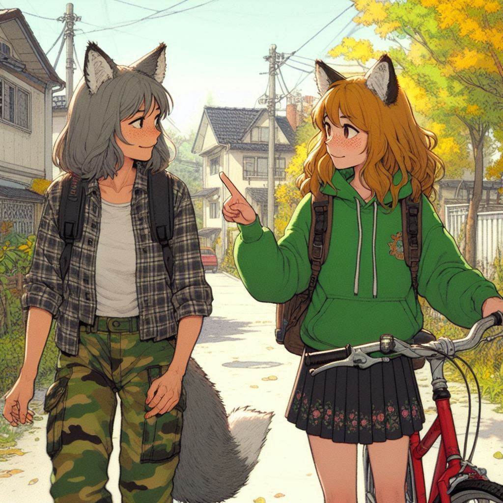 Traveler, e01 - My, Neural network art, Art, Anime art, Нейронные сети, Girls, Anime, Original character, Kitsune, Animal ears, Tail, Redheads, Freckles, Meeting, Fishing, Village, Ginger & White, Longpost