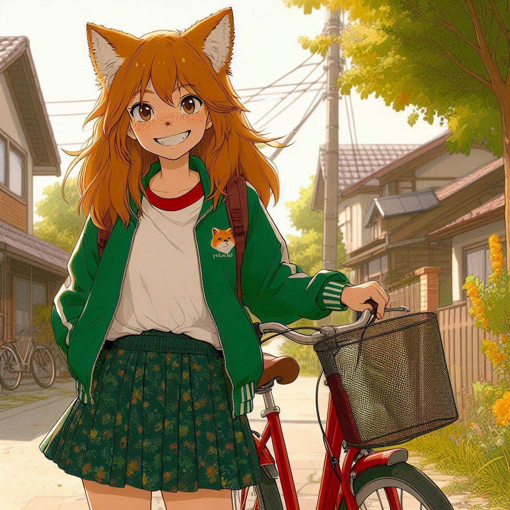 Traveler, e01 - My, Neural network art, Art, Anime art, Нейронные сети, Girls, Anime, Original character, Kitsune, Animal ears, Tail, Redheads, Freckles, Meeting, Fishing, Village, Ginger & White, Longpost