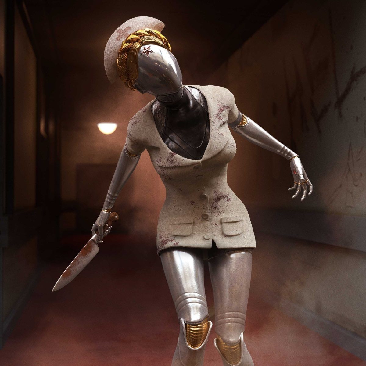 Twin nurse - Art, 3D, Games, Atomic Heart, Silent Hill 2, Twins (Atomic Heart), Nurses, Girls, Robot, Crossover, Hospital, Knife