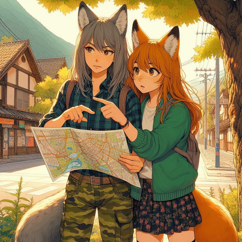 Traveler, e01 - My, Neural network art, Art, Anime art, Нейронные сети, Girls, Anime, Original character, Kitsune, Animal ears, Tail, Redheads, Freckles, Meeting, Fishing, Village, Ginger & White, Longpost