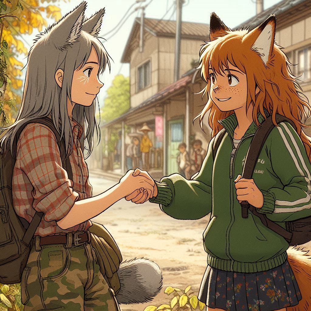 Traveler, e01 - My, Neural network art, Art, Anime art, Нейронные сети, Girls, Anime, Original character, Kitsune, Animal ears, Tail, Redheads, Freckles, Meeting, Fishing, Village, Ginger & White, Longpost