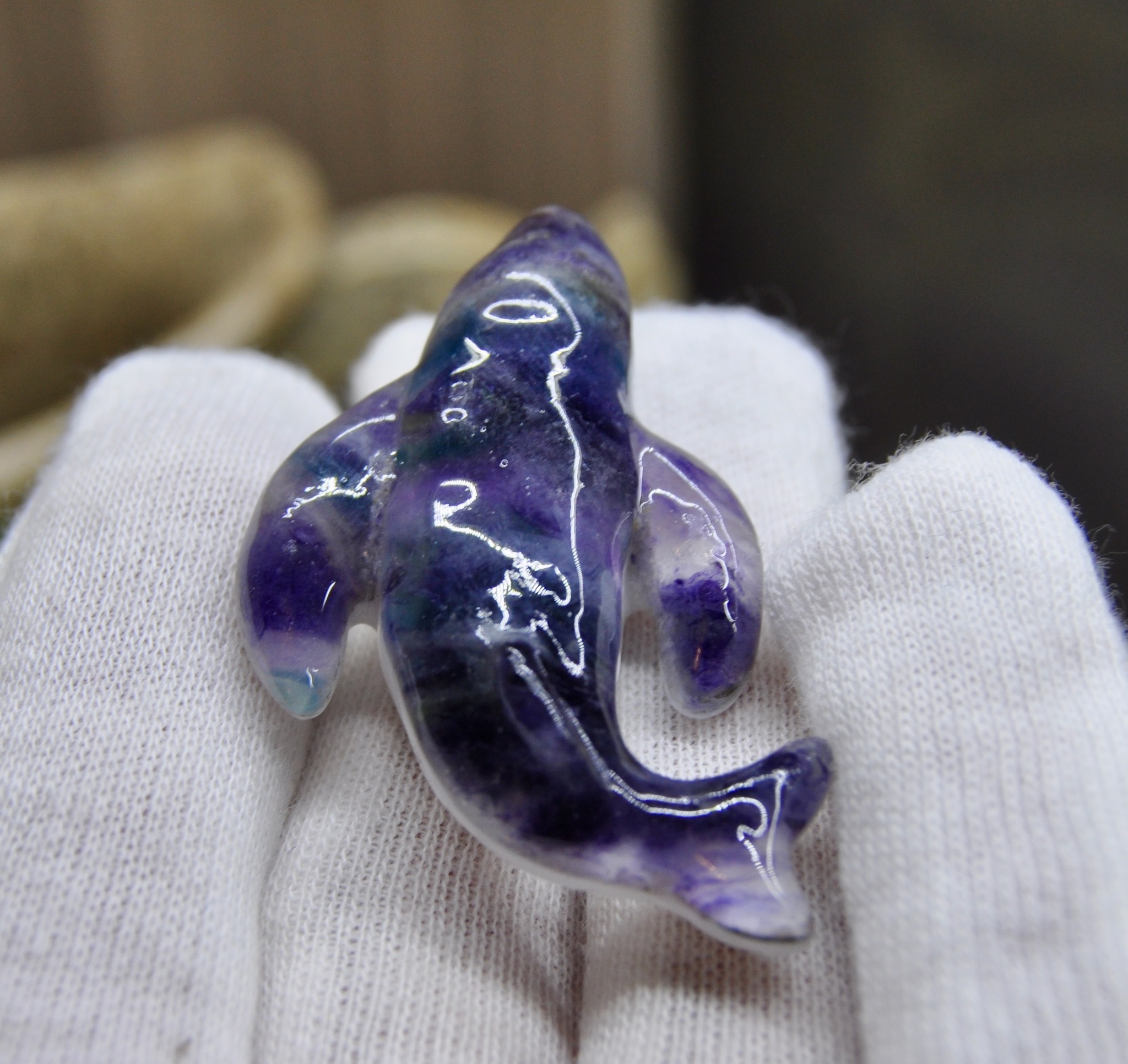 Whale of Fluorite and Cacholong - My, Needlework with process, Needlework, With your own hands, Friday tag is mine, Thread, Stone carving, Fluorite, Whale, Blue whale, Longpost