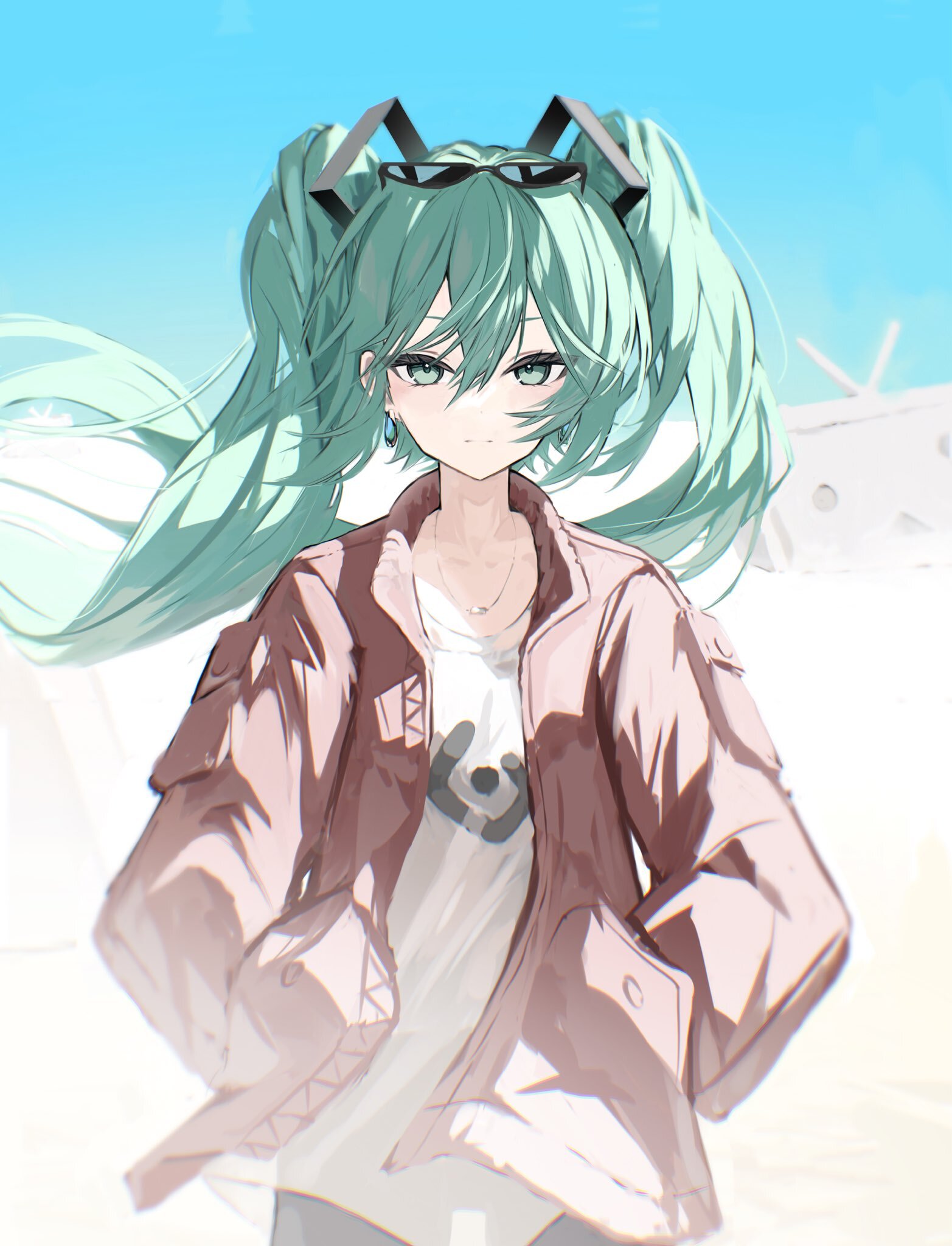 Hatsune Miku #164 - Anime, Anime art, Hatsune Miku, Girls, Long hair, Jacket, Blue eyes, Necklace, Sunglasses