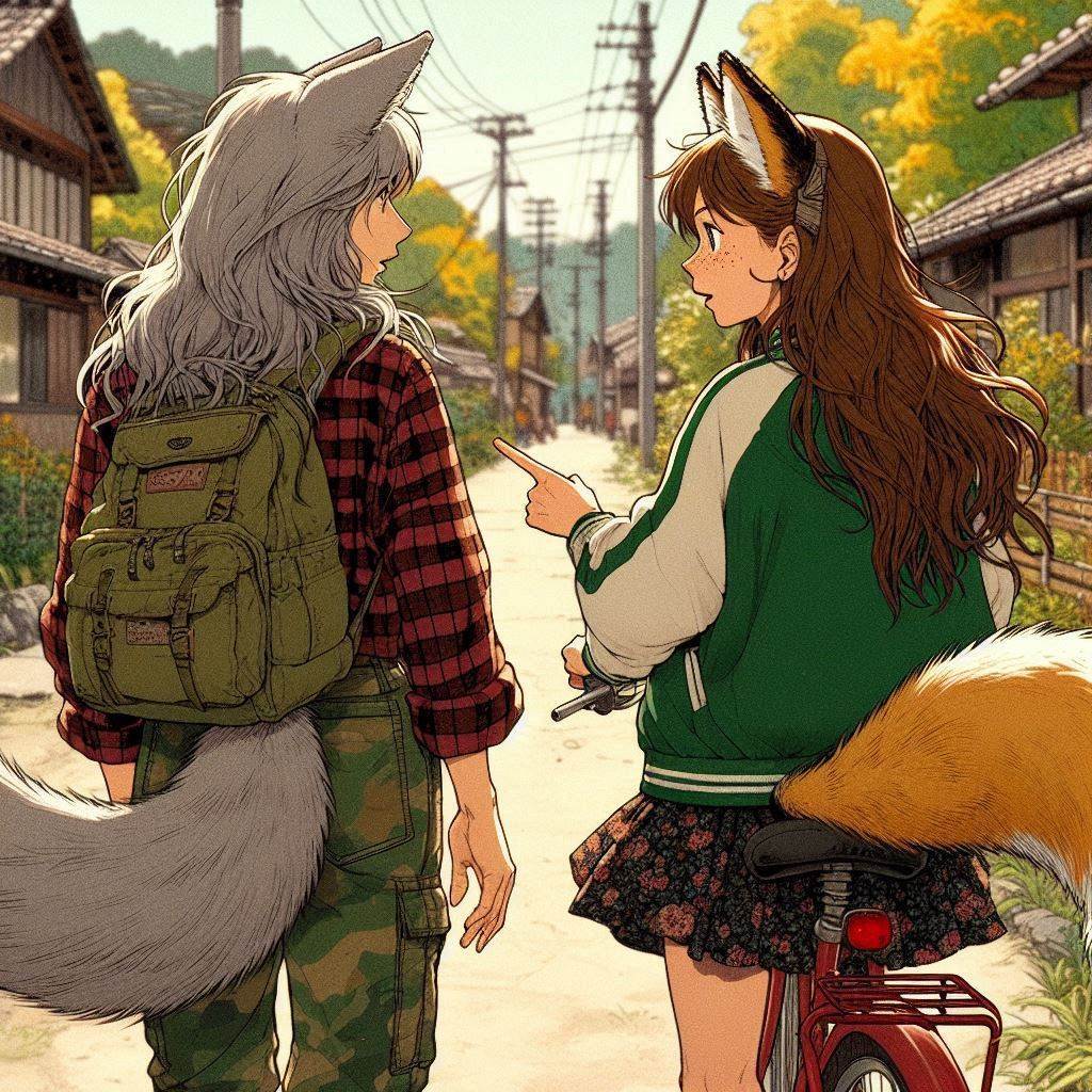 Traveler, e01 - My, Neural network art, Art, Anime art, Нейронные сети, Girls, Anime, Original character, Kitsune, Animal ears, Tail, Redheads, Freckles, Meeting, Fishing, Village, Ginger & White, Longpost