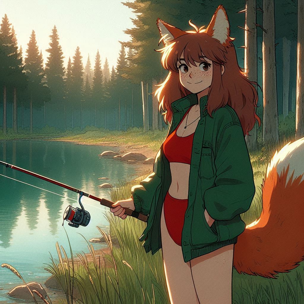 Traveler, e02 (the next morning) - My, Art, Neural network art, Нейронные сети, Ginger & White, Anime art, Girls, Anime, Original character, Kitsune, Animal ears, Tail, Fishing, Nature, Longpost, Swimsuit