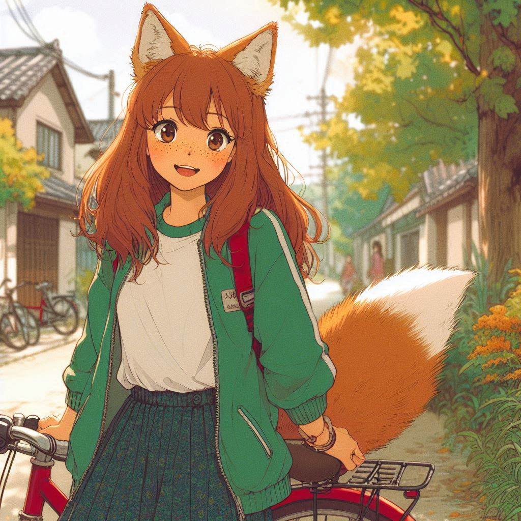 Traveler, e01 - My, Neural network art, Art, Anime art, Нейронные сети, Girls, Anime, Original character, Kitsune, Animal ears, Tail, Redheads, Freckles, Meeting, Fishing, Village, Ginger & White, Longpost