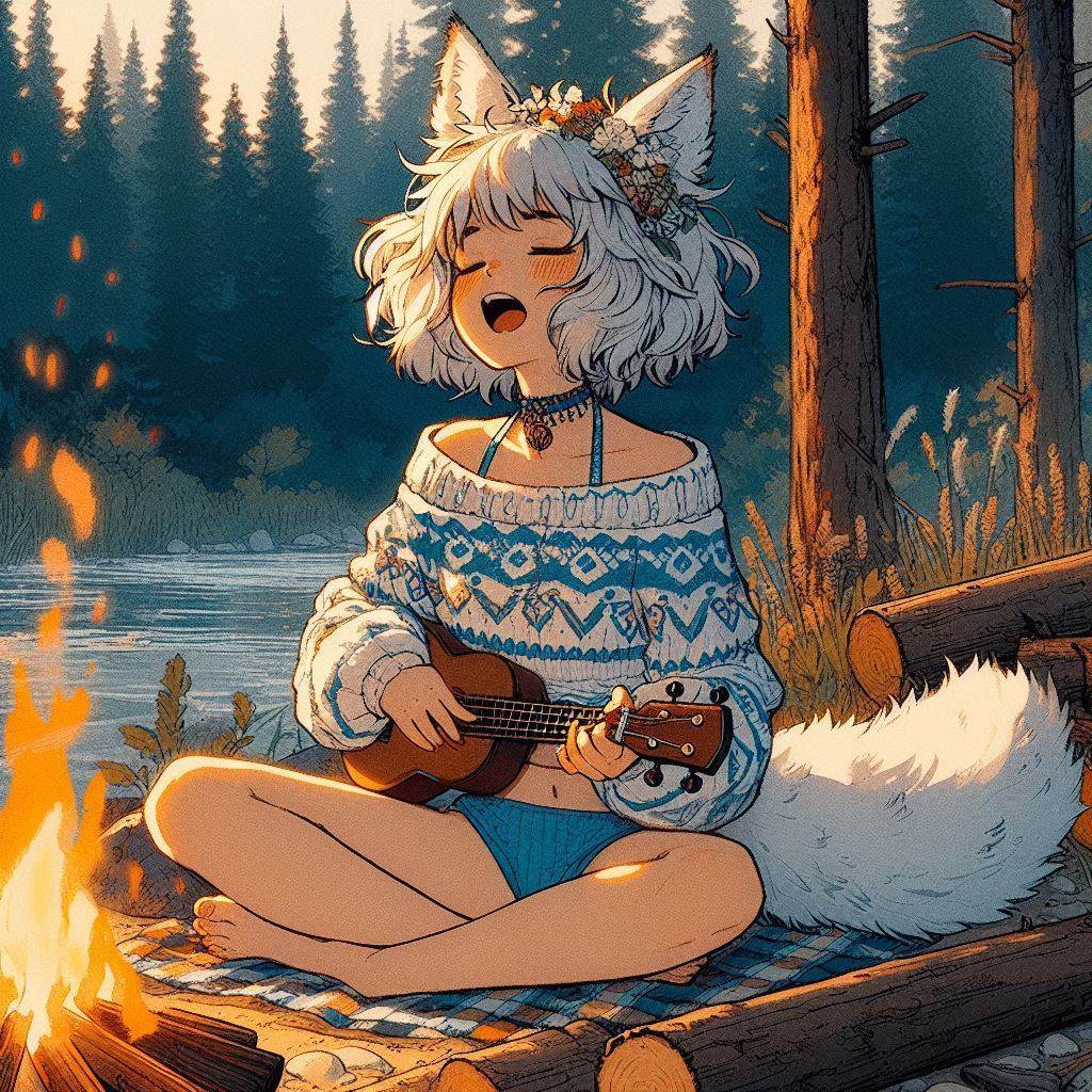 Traveler, e02 (the next morning) - My, Art, Neural network art, Нейронные сети, Ginger & White, Anime art, Girls, Anime, Original character, Kitsune, Animal ears, Tail, Fishing, Nature, Longpost, Swimsuit