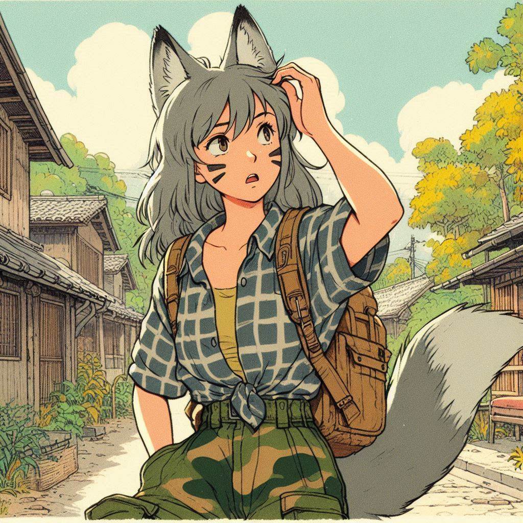 Traveler, e01 - My, Neural network art, Art, Anime art, Нейронные сети, Girls, Anime, Original character, Kitsune, Animal ears, Tail, Redheads, Freckles, Meeting, Fishing, Village, Ginger & White, Longpost