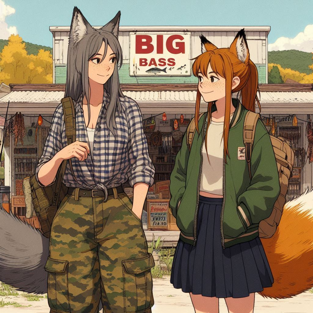 Traveler, e01 - My, Neural network art, Art, Anime art, Нейронные сети, Girls, Anime, Original character, Kitsune, Animal ears, Tail, Redheads, Freckles, Meeting, Fishing, Village, Ginger & White, Longpost