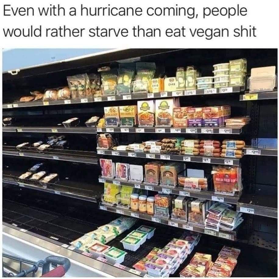 Even if there's a hurricane, people would rather starve than eat vegan shit - Hurricane, USA, Vegan, Picture with text, Humor, Repeat