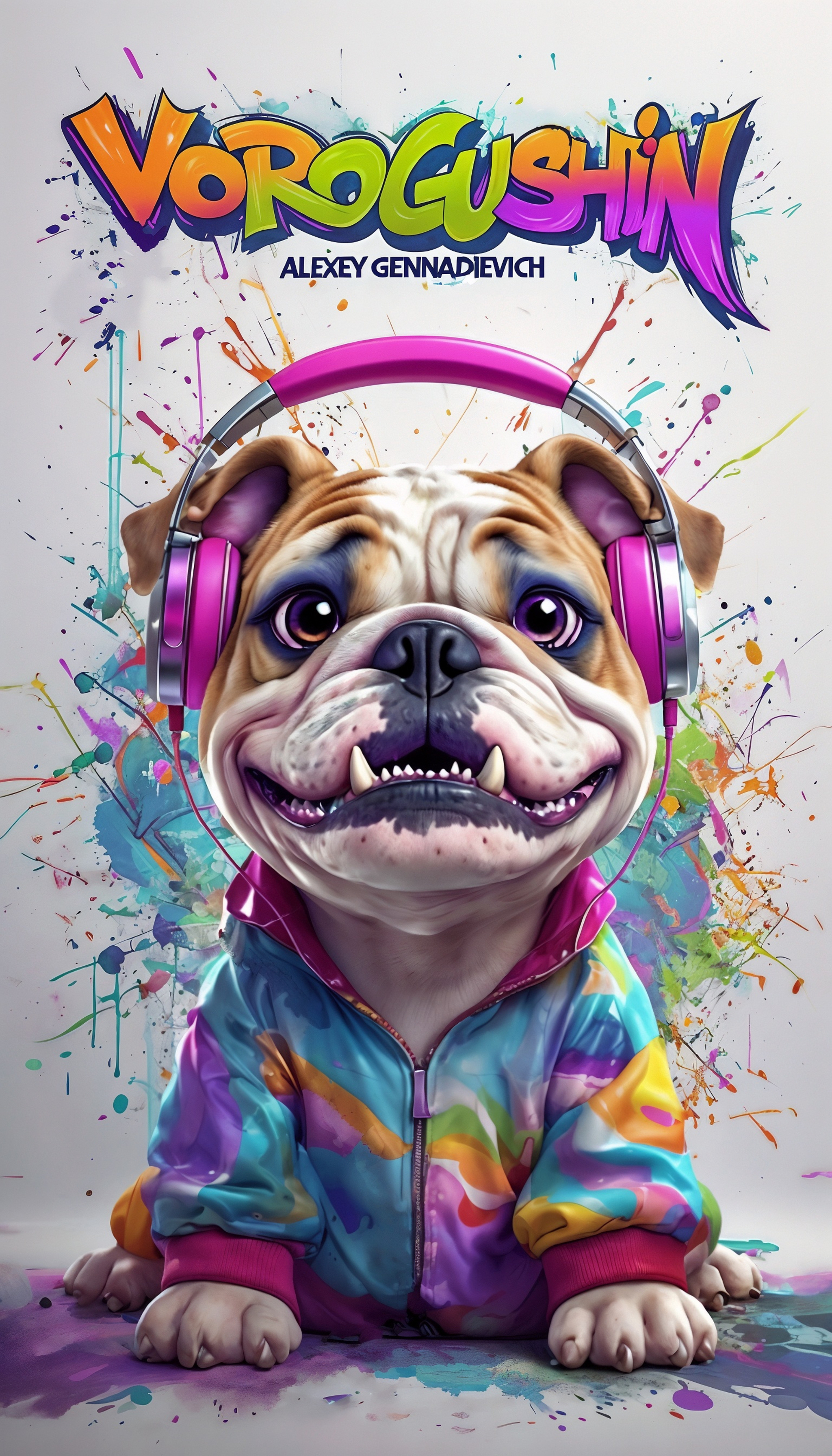 Contemporary artist: Vorogushin Alexey Gennadievich. Bright dog in musical headphones in street art style. AI artist - My, Dall-e, Digital, Нейронные сети, Phone wallpaper, Neural network art, Desktop wallpaper, Modern Art, Dog, Longpost