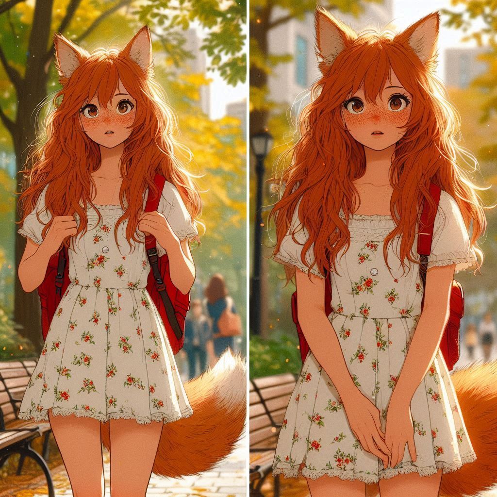 Рыжая пора - Моё, Арт, Арты нейросетей, Нейронные сети, Ginger & White, Anime Art, Девушки, Аниме, Original Character, Кицунэ, Animal Ears, Хвост, Рыжие, Веснушки, Платье, Осень, Длиннопост