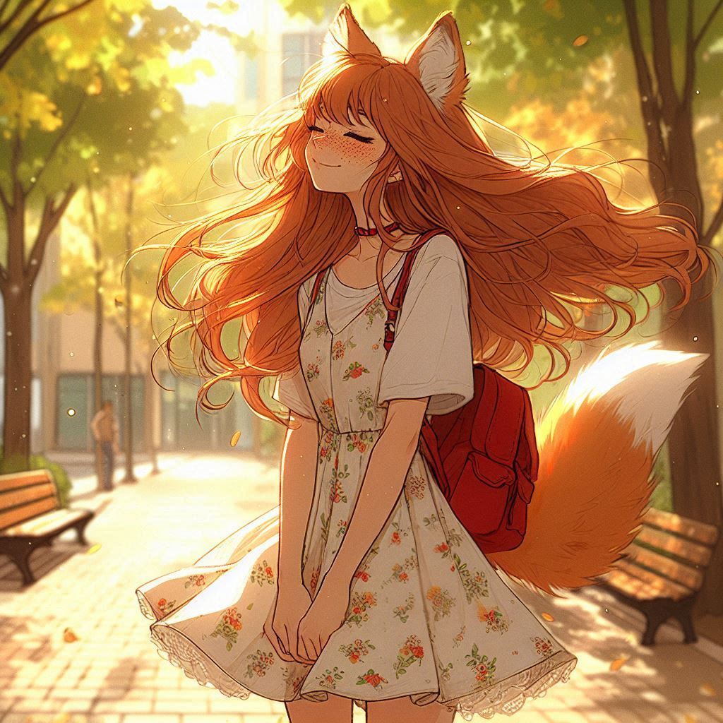 Рыжая пора - Моё, Арт, Арты нейросетей, Нейронные сети, Ginger & White, Anime Art, Девушки, Аниме, Original Character, Кицунэ, Animal Ears, Хвост, Рыжие, Веснушки, Платье, Осень, Длиннопост