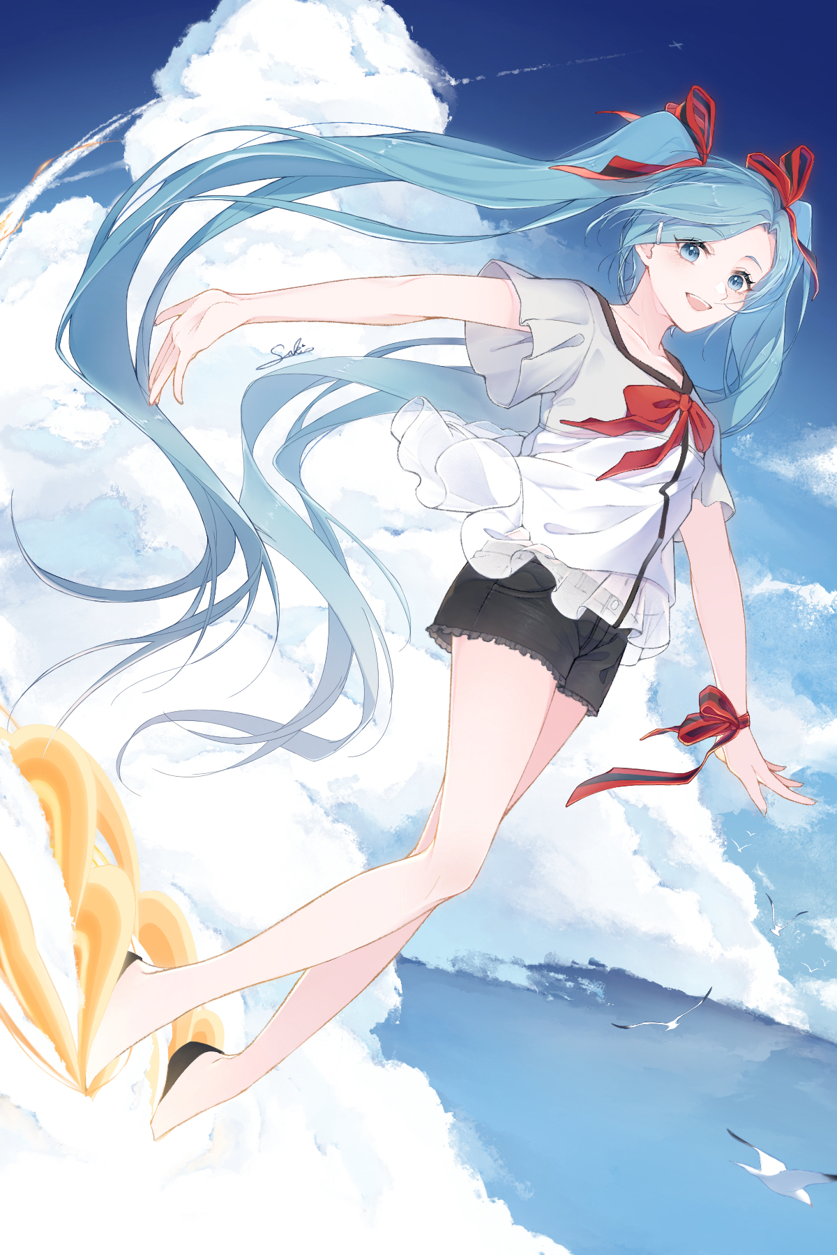 Hatsune Miku #167 - Anime, Anime art, Hatsune Miku, Girls, Long hair, Clouds, Seagulls, Shorts, Blue eyes, Smile, Bow, Sky