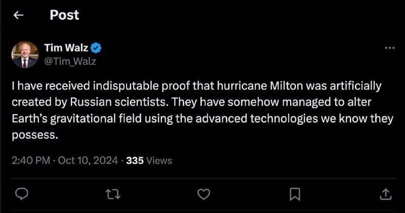 Hurricane Milton Was Man-Made by Evil Russians, Harris Team Says - Politics, Hurricane Milton, Climate weapons, Twitter