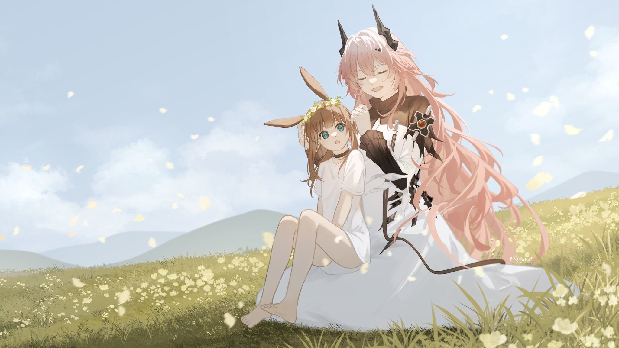 Amiya and Theresa - Anime, Anime art, Arknights, Amiya, Theresa (Arknights), Girls, Field, Flowers, Grass, Long hair, Girl with Horns, The dress, Milota