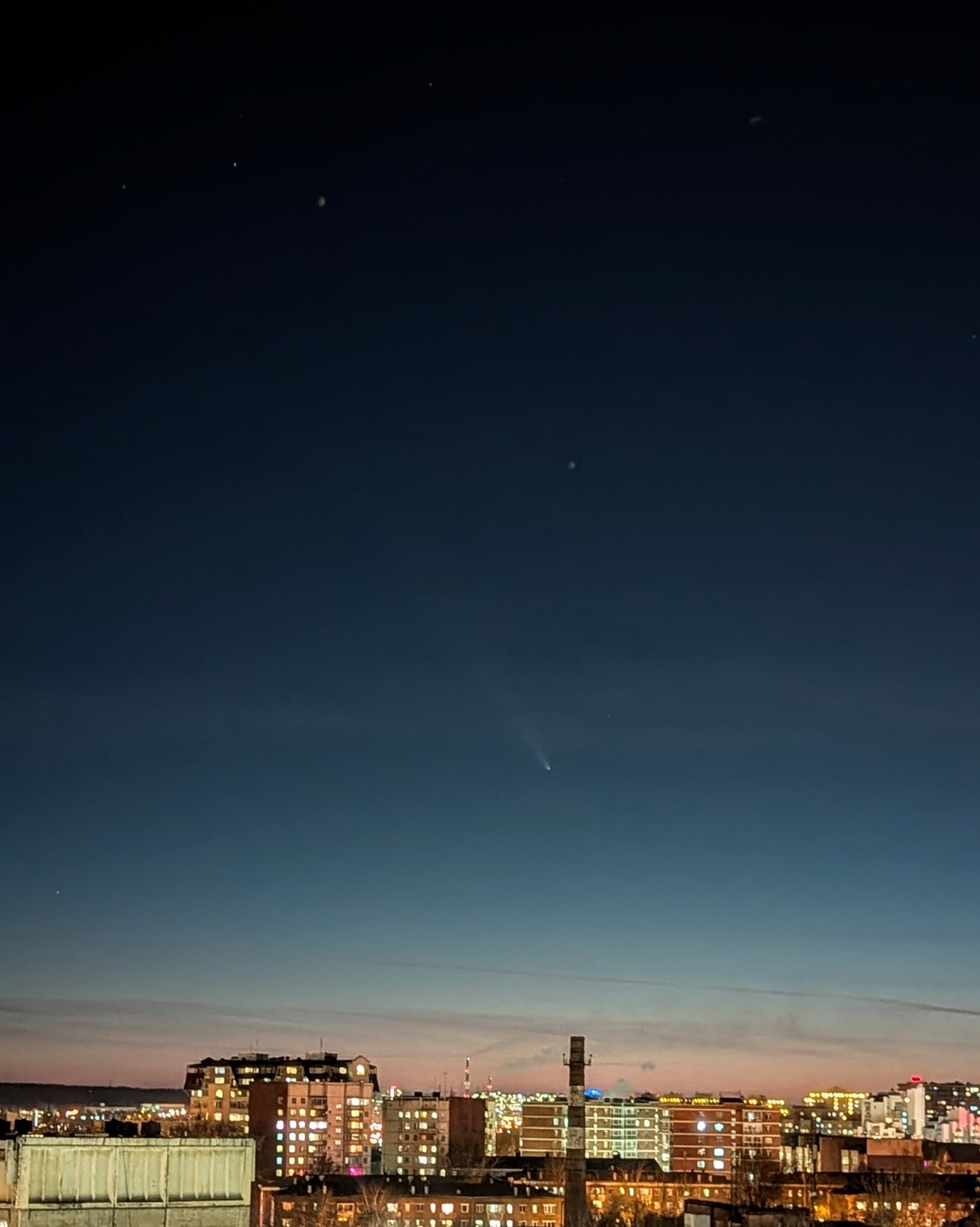 Comet over the evening city - My, Comet, The photo, Evening, Town, View from the window