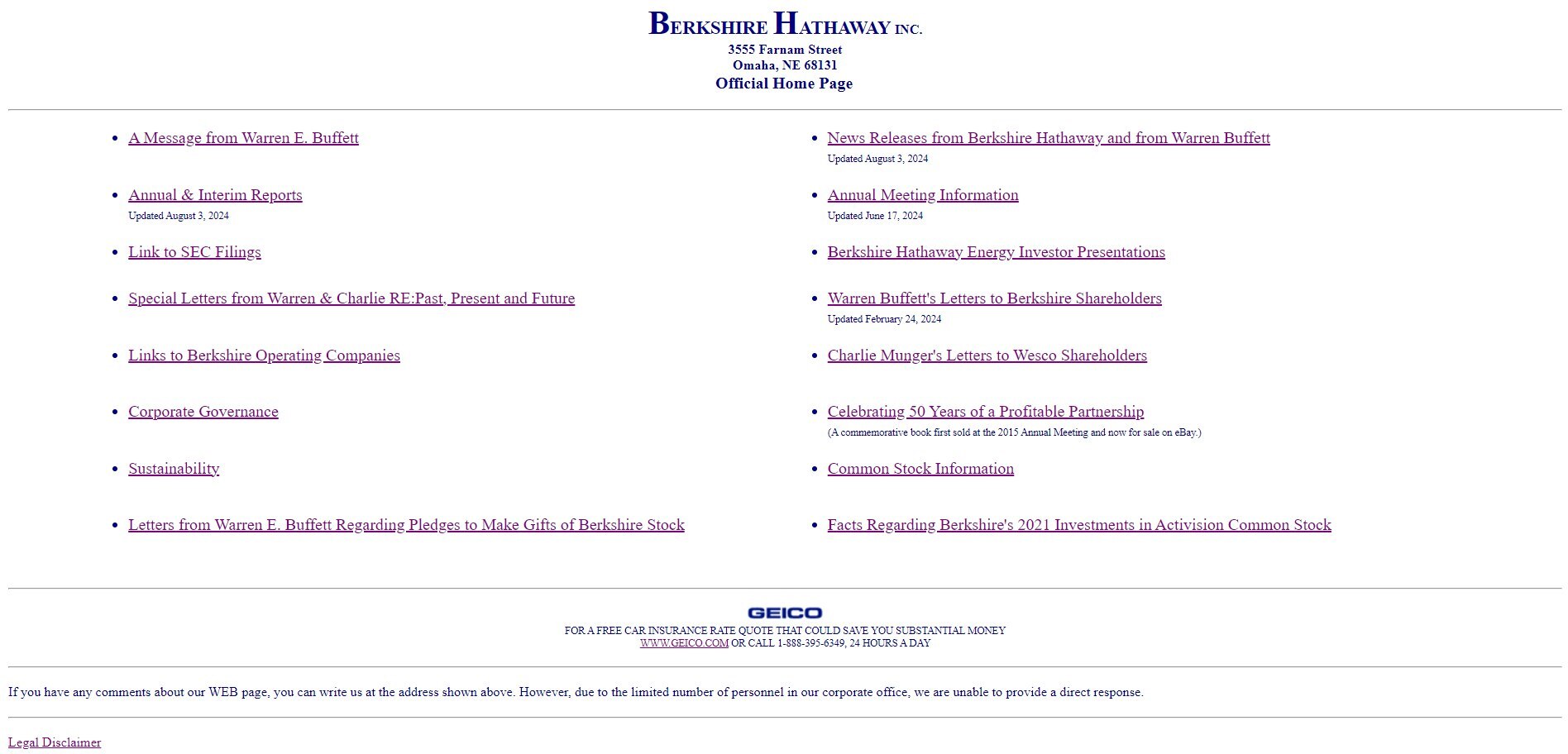 This is what the official website of Warren Buffett's company Berkshire Hathaway looks like, with a capitalization of about $1 trillion - Site, Site creation, Web design, Warren Buffett, Old school, Screenshot, Just