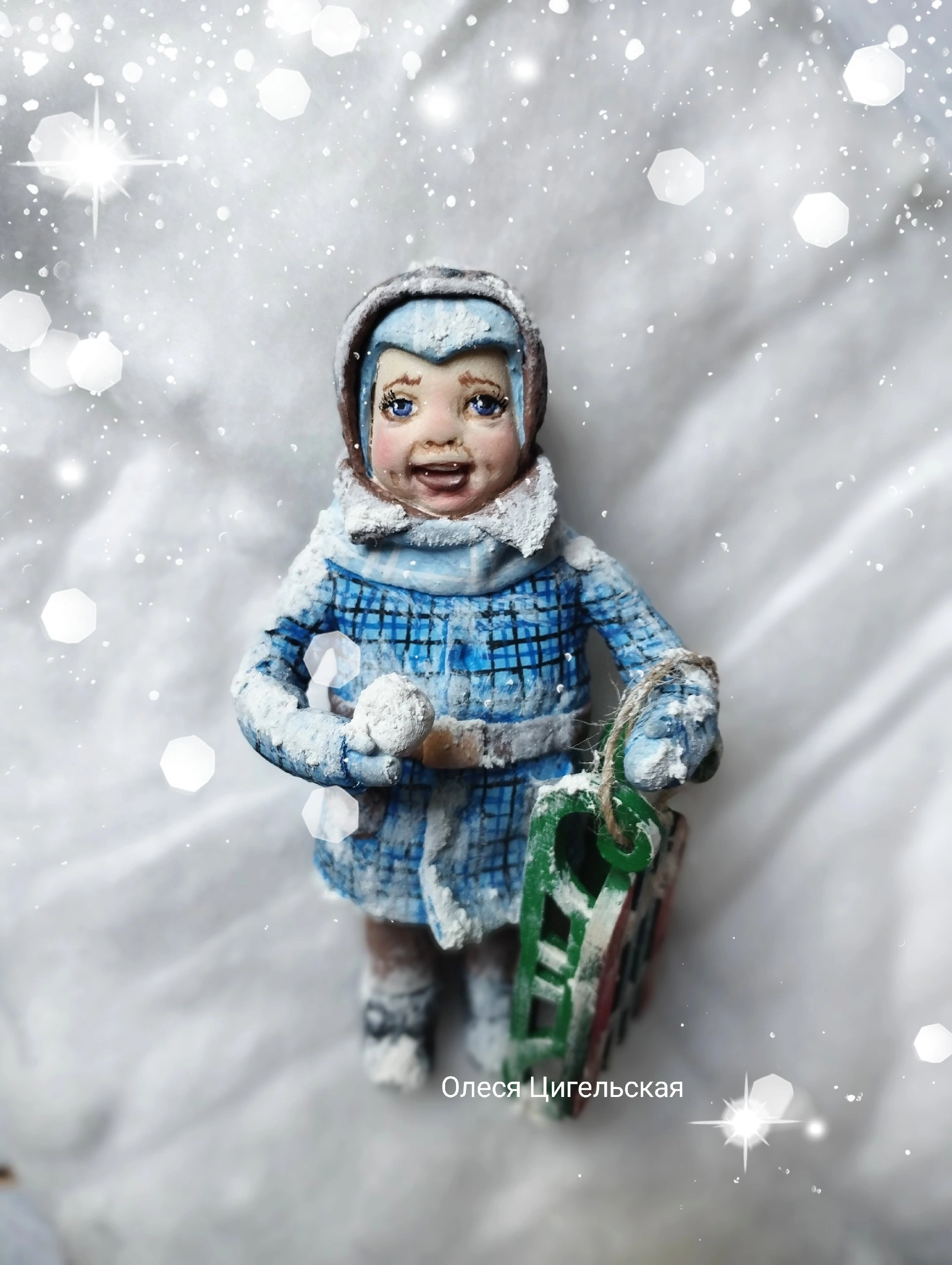 Boy with a sled. Cotton wool toy for the Christmas tree - Toys, Skillful fingers, Christmas decorations, Boy, Children, Winter, Nostalgia, New Year, Saint Petersburg, Travel across Russia