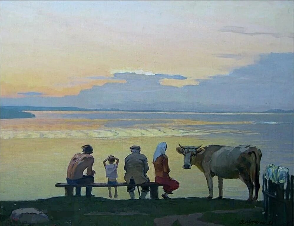 It's getting evening, 1961. Hood. Kutilin Vladimir Alexandrovich - Art, Sunset, Sunrises and sunsets, Village, Painting, Drawing, the USSR, Painting, Summer, Artist, Telegram (link)