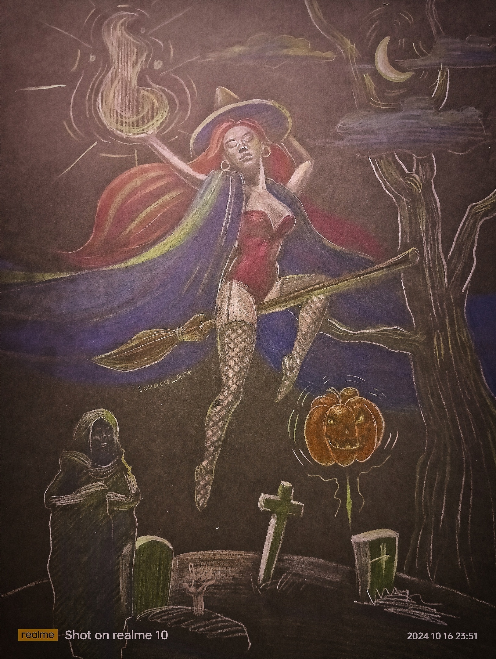 From the Halloween themed competition - My, Halloween, Holidays, October, Artist, Handmade, Colour pencils, Sketchbook, Pencil drawing, Black background, Traditional art, Magic, Black magic, First place, Drawing, Witches, Women