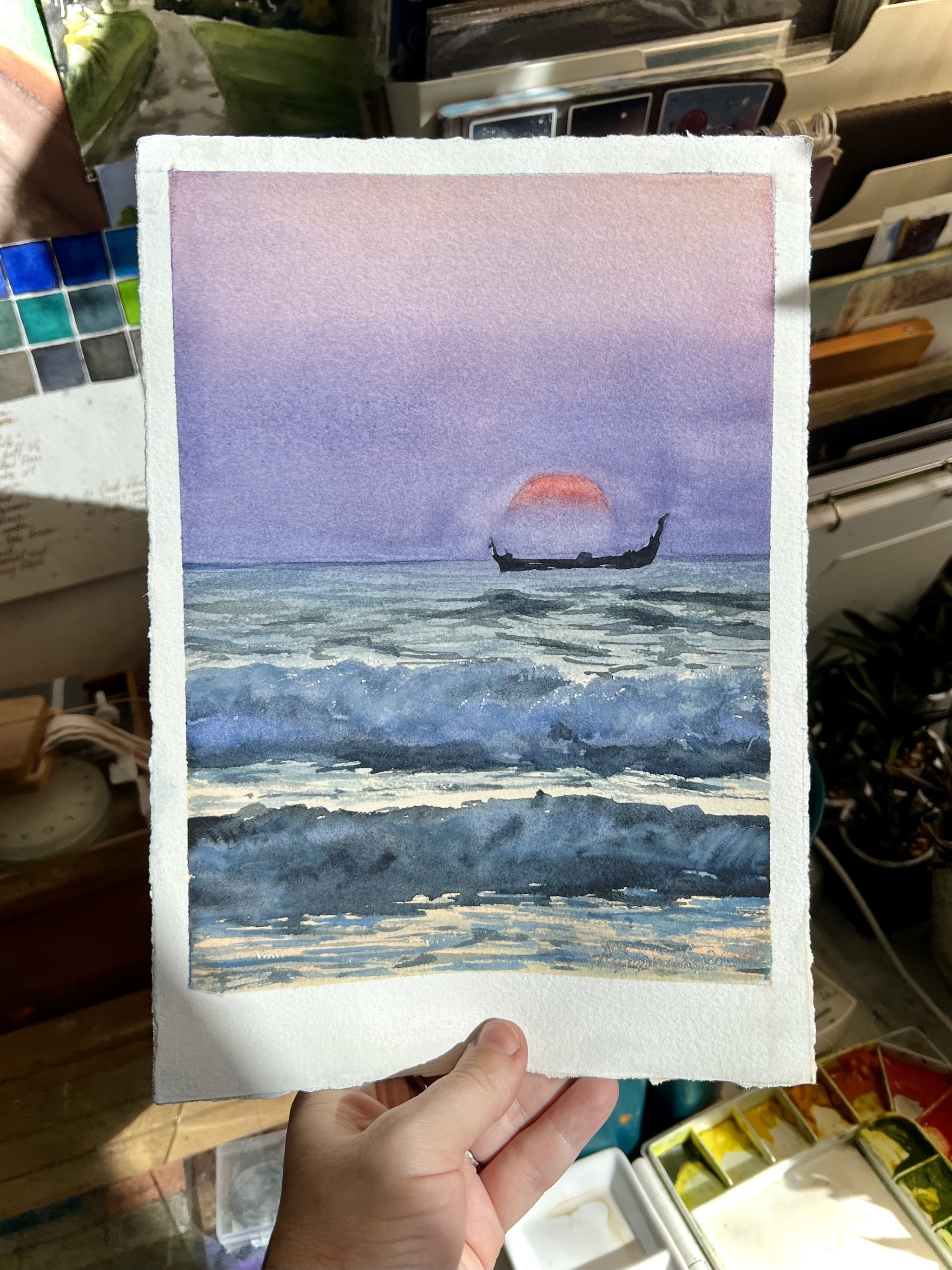 Indian - My, Watercolor, Etude, Landscape, Ocean, Sunset, India